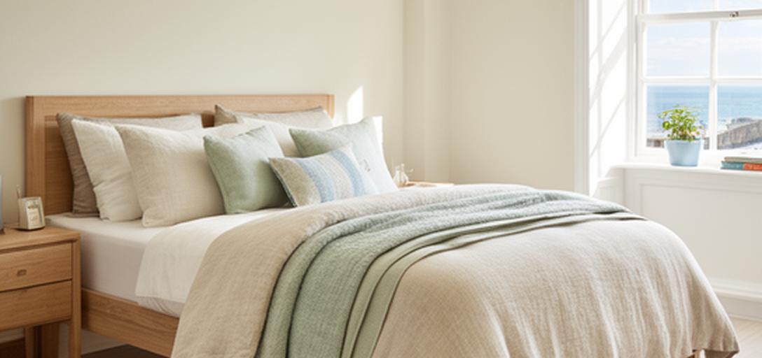 Handsomely dressed bed with layered natural bedding in a bright Isle of Wight bedroom