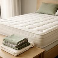 Firm orthopaedic mattress in a neat bedroom with folded cotton sheets