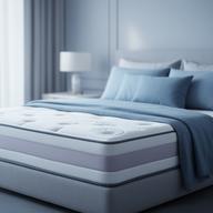 Gel foam mattress shown in a calm bedroom with cool blue linen