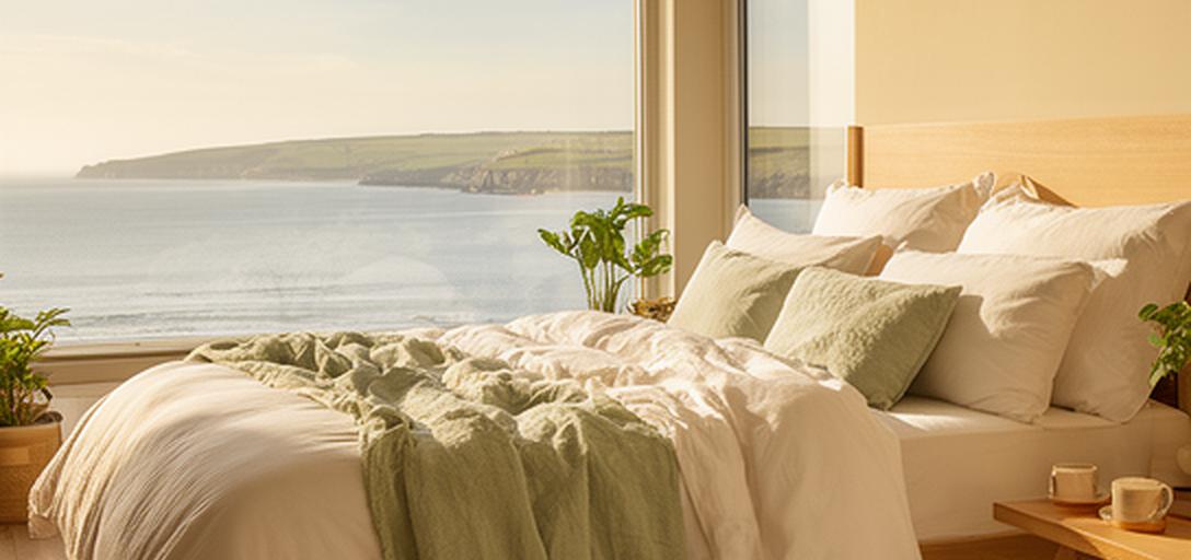 Serene coastal bedroom with crisp white bedding and warm morning light over the Isle of Wight coastline