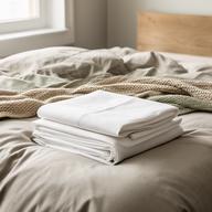 Folded Egyptian cotton sheets and textured duvet on a calm neutral bed