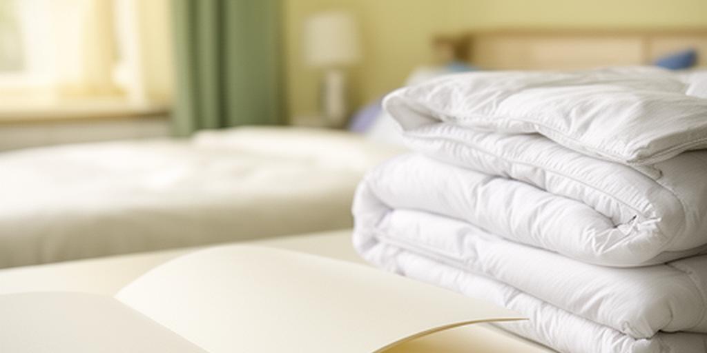 Open privacy notebook beside folded white bedding on a bright bedroom desk